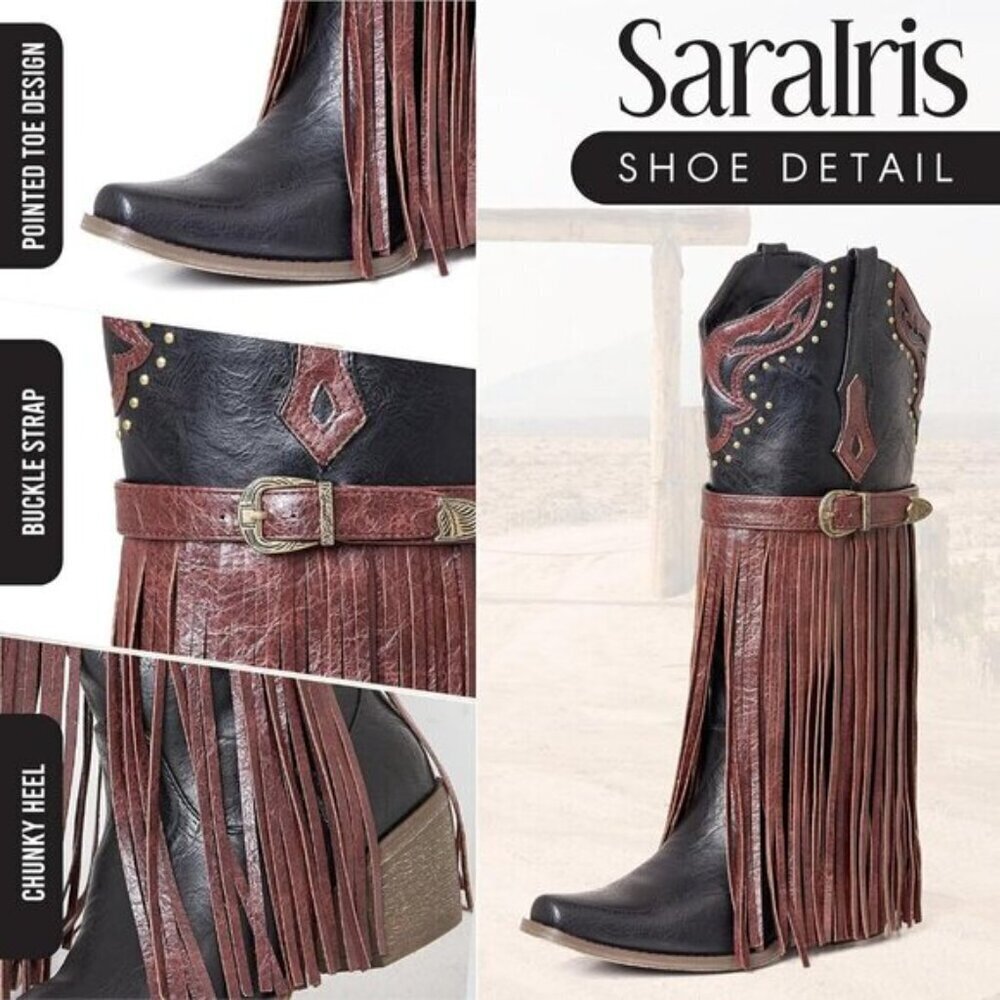 SaraIris Women's Western Booties | Black Pointed Toe Fringe Mid-Calf Cowgirl - Picture 5 of 7